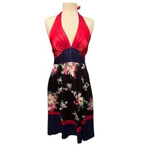 Floral Halter Dress - Red and Black